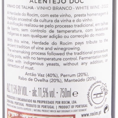Rótulo de vinho branco Herdade do Rocim Amphora Alentejo DOC com descrição do produto