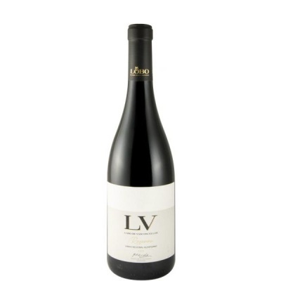 Garrafa de vinho tinto LV com rótulo branco e tampa preta