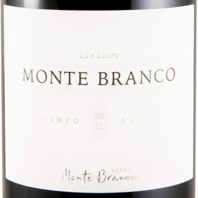 Rótulo de vinho tinto Monte Branco 2021 em fundo branco com texto prateado