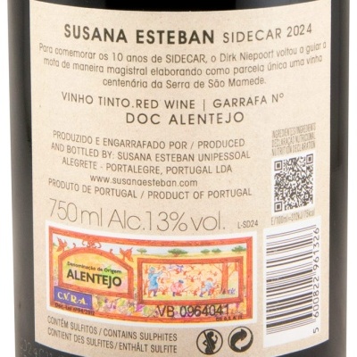 Etiqueta de vinho tinto Susana Esteban Sidecar 2024 com informações de produção e selo Alentejo