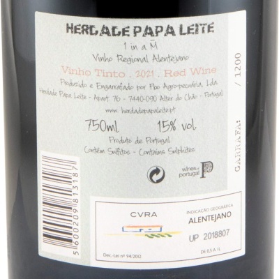 Etiqueta traseira de garrafa de vinho tinto Herdade Papa Leite 750ml Alentejano