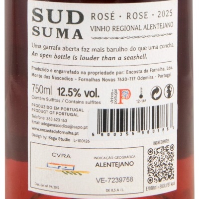Etiqueta traseira de vinho rosé SUD SUMA 2025 com informações técnicas e origem