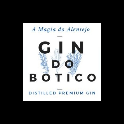Etiqueta de gin com texto e ilustrações de plantas azuis