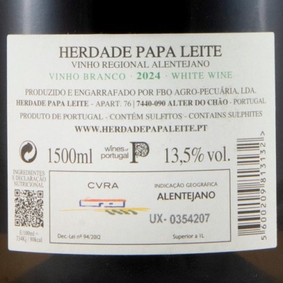 Etiqueta de vinho branco Herdade Papa Leite com texto sobre produção, volume e álcool