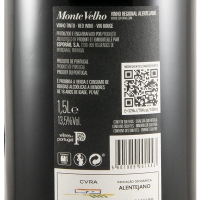 Etiqueta traseira de garrafa de vinho tinto Monte Velho