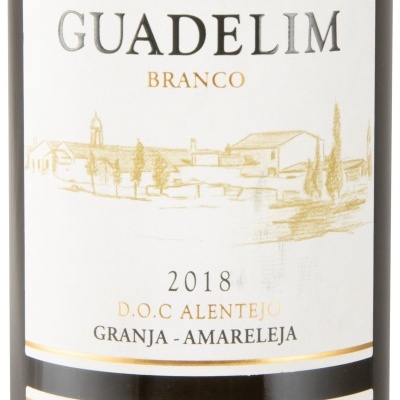 Rótulo de garrafa de vinho branco Guadelim 2018 D.O.C Alentejo Grande Reserva.
