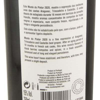 Rótulo de garrafa de vinho Monte do Pintor 2020, Vinho Regional Alentejano, texto descritivo e código de barras