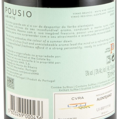 Etiqueta de vinho branco Pousio Arinto com texto informativo e selo de origem Alentejano