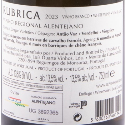 Etiqueta do vinho branco Rubrica 2023 do Alentejo com informações de castas, envelhecimento e produção.
