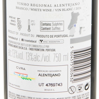 Etiqueta de vinho branco Monte da Cal 750 ml com informações de produção, teor alcoólico e ingredientes