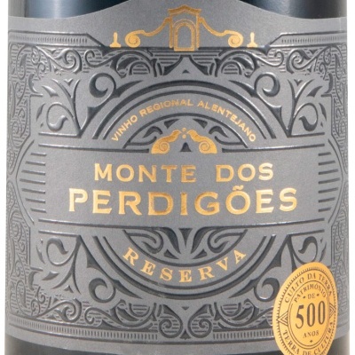 Etiqueta cinzenta com dourado de vinho Monte dos Perdigões Reserva