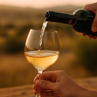Vinho branco a ser servido numa taça de vidro