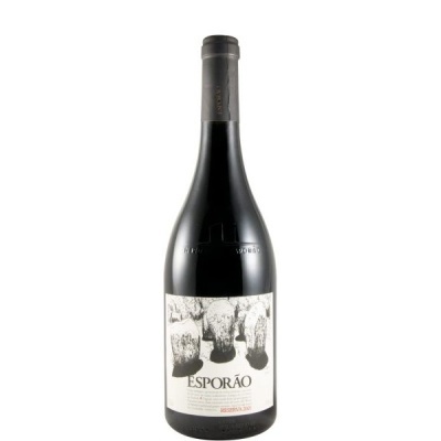 Garrafa de vinho tinto ESPORÃO RESERVA 2012 com rótulo branco e ilustração em preto