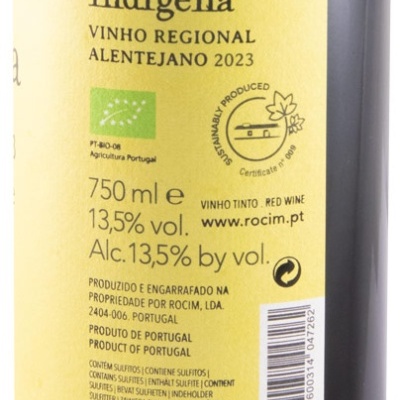 Rótulo amarelo com texto detalhado de vinho tinto Herdade do Rocim Indígena 2023