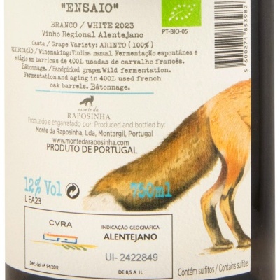 Rótulo de vinho branco ENSAIO 2023, Vinho Regional Alentejano, Arinto 100%, 750ml, 12% Vol, certificado biológico, desenho de rabo de raposa.