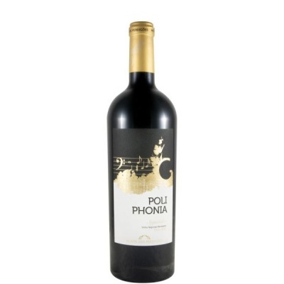 Garrafa de vinho tinto Poli Phonia com rótulo preto, branco e dourado