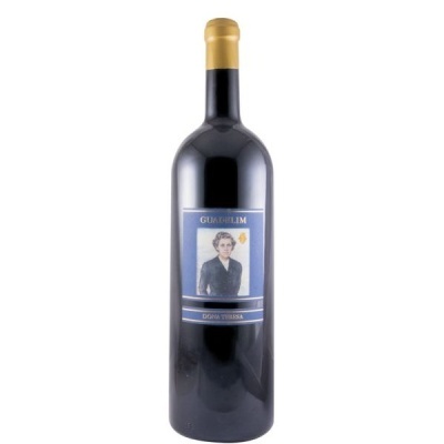 Garrafa de vinho tinto com rótulo azul e tampa dourada
