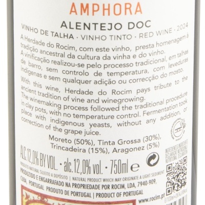 Etiqueta de vinho tinto Amphora Alentejo DOC Herdade do Rocim com texto detalhado e selo de qualidade