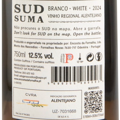 Etiqueta de garrafa de vinho branco SUD SUMA 2024 com texto e códigos