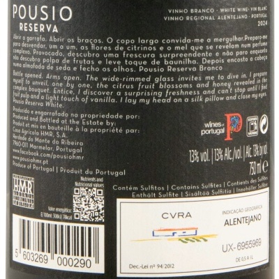 Etiqueta traseira vinho branco Pousio Reserva com texto e informações legais em português e inglês.