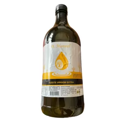 Garrafa de azeite virgem extra D. Manuel com rótulo branco e amarelo