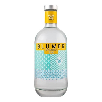 Garrafa de gin BLUWER INVISIBLE GIN com rótulo azul claro e amarelo