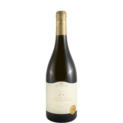 Garrafa de vinho tinto Monte dos Perdigões com rótulo creme e dourado