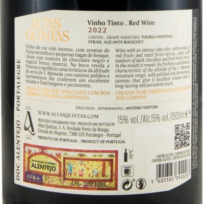 Rótulo de vinho tinto Altas Quintas 2022 com descrição detalhada e selo DOC Alentejo