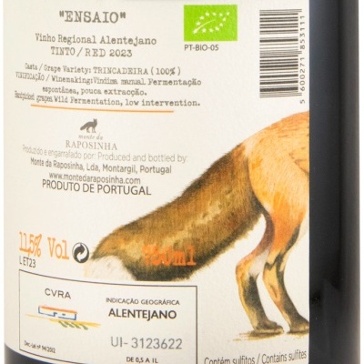 Rótulo de vinho tinto ENSAIO 2023 com selo biológico e indicação Alentejano