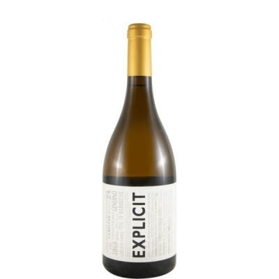 Garrafa de vinho com rótulo branco e texto EXPLICIT
