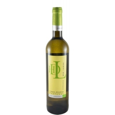 Garrafa de vinho branco com rolha e rótulo amarelo e verde