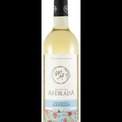 Garrafa de vinho branco Monte da Aferada com rótulo floral azul