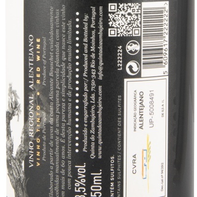 Etiqueta de garrafa de vinho com texto em português e inglês, código de barras e QR code