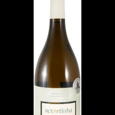 Garrafa de vinho branco com rótulo creme e texto revertinha