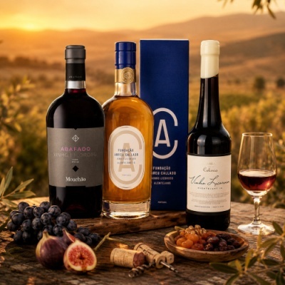 Três garrafas de vinho e licor com uvas e frutos secos ao pôr do sol