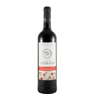 Garrafas de vinho tinto Monte da Aferada com rótulo branco e detalhe floral colorido