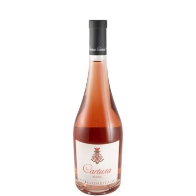 Garrafa de vinho rosé Cartuxa Vioba 2023 com rótulo branco e tampa preta
