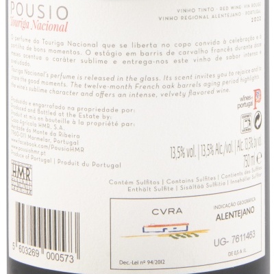 Etiqueta de vinho tinto Pousio Touriga Nacional com informações de origem, teor alcoólico e volume.