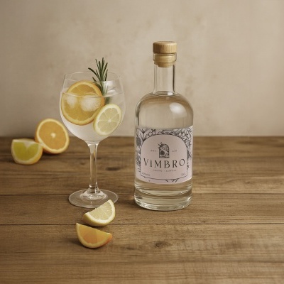 Garrafa de gin VIMBRO com copo de gin com limão e laranja sobre mesa de madeira