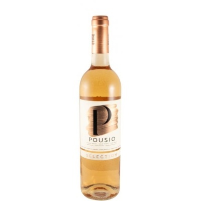 Garrafa de vinho rosé Pousio Selection com rótulo branco e cobre
