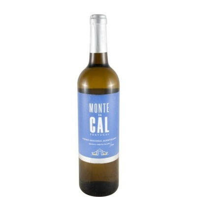 Garrafa de vinho branco Monte da Cal com rótulo azul e tampa prateada