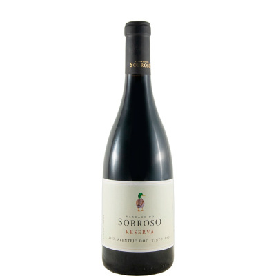 Garrafa de vinho tinto Herdade do Sobroso Reserva 2023 com rótulo branco e imagem de pato