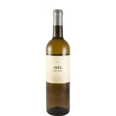 Garrafa de vinho branco com rótulo creme e texto prateado