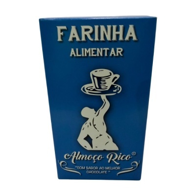 Embalagem azul de farinha alimentar com texto branco e ilustração