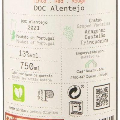 Rótulo de vinho tinto Duas Osgas DOC Alentejo 2023, informação de castas Aragonez, Castelão, Trincadeira, 750 ml, 13% vol, certificado Vegan e Ecoponto Verde