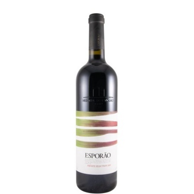Garrafa de vinho tinto ESPORÃO com etiqueta branca e riscas coloridas.