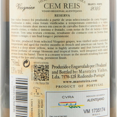 Etiqueta traseira de garrafa de vinho branco CEM REIS Viognier reserva 2025