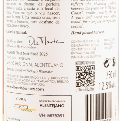 Rótulo de vinho Rosé Naked Pinot Noir 2025 com informações sobre origem, produtor, teor alcoólico e volume.