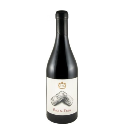 Garrafa de vinho tinto com rótulo branco e rolhas cruzadas desenhadas