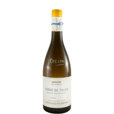 Garrafa de vinho branco Vinho de Talha da Herdade do Rocim com rótulo branco e tampa amarela